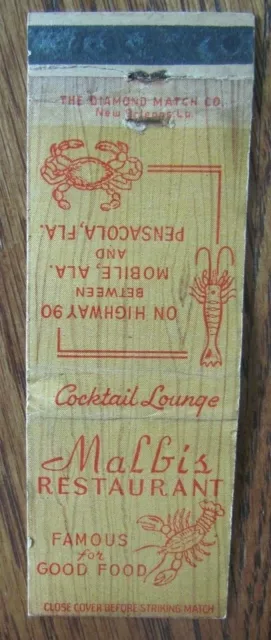 Animal Lobster Matchbook Matchcover: Malbis Restaurant (Pensocola, Florida) -F1