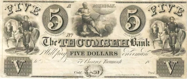 1838 TECUMSEH BANK MICHIGAN $5 CURRENCY NOTE ~ General Brown ~ ABOUT UNC