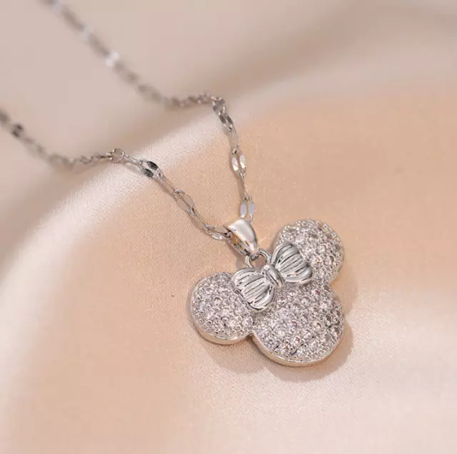 Titanium Gold/Silver Disney Mickey Mouse Pave Cubic Zirconia Pendant Necklace