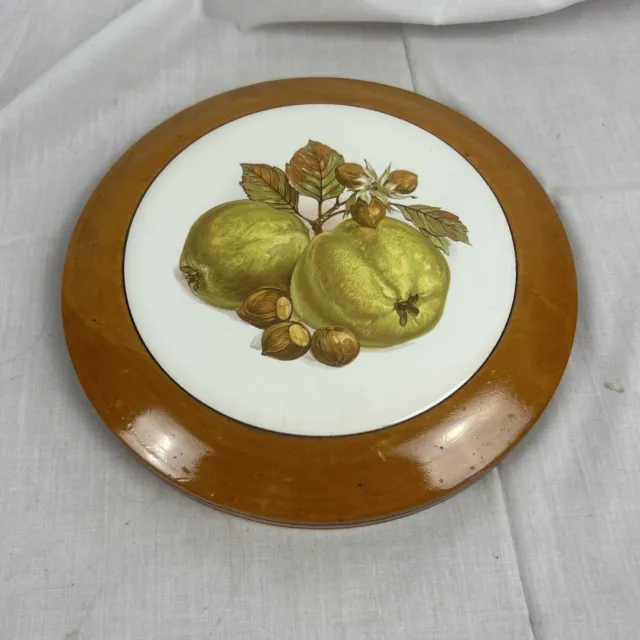 Vintage MCM Round Tile Trivet With Wood Surround - Pot Holder Pears, Chestnuts