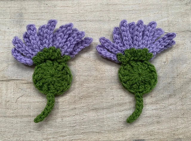 2 X Handmade Crochet Thistle Applique, Motif, Embellishment, Scotland, Scottish