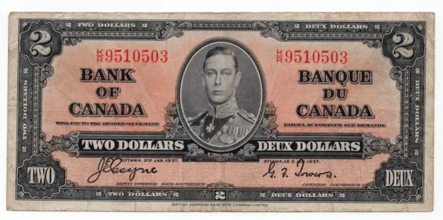 Bank of Canada 1937 $2 Two Dollars Coyne-Towers K/R Prefix VF