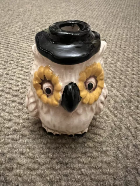 Vintage Old Stock 3.25” Ceramic Macrame Brown W Black Hat  Owl Bead