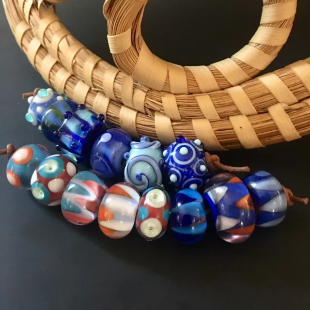 14 Artisan Handmade Boro Glass Lampwork Beads Blue Orange