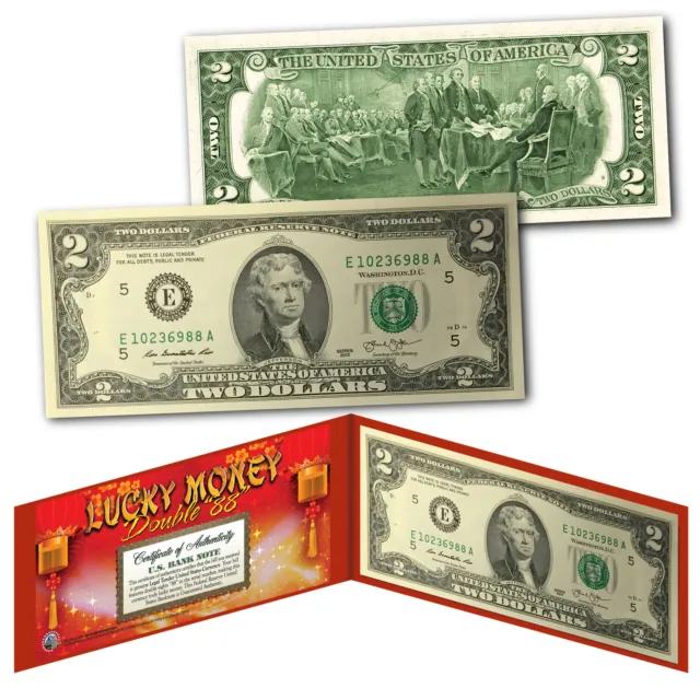 Chinese Lanterns Lucky Money Double 88 Serial Number $2 US BEP Bill w/ Red Folio