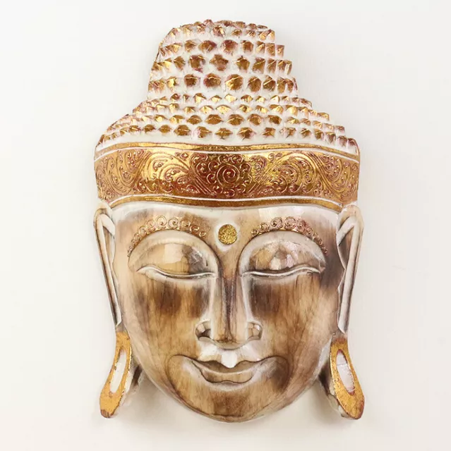 Buddha Wand Maske hängend Holz Gesicht Wandmaske mit Goldverzierung 40 cm