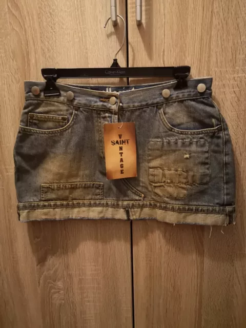 Womens All Saints Vintage Patchwork Unique Distressed Denim Mini Skirt Size S