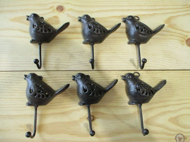 6 Bird Key Hooks Coat Towel Hat Hanger Cast Iron Antique Style Rustic Brown Hall