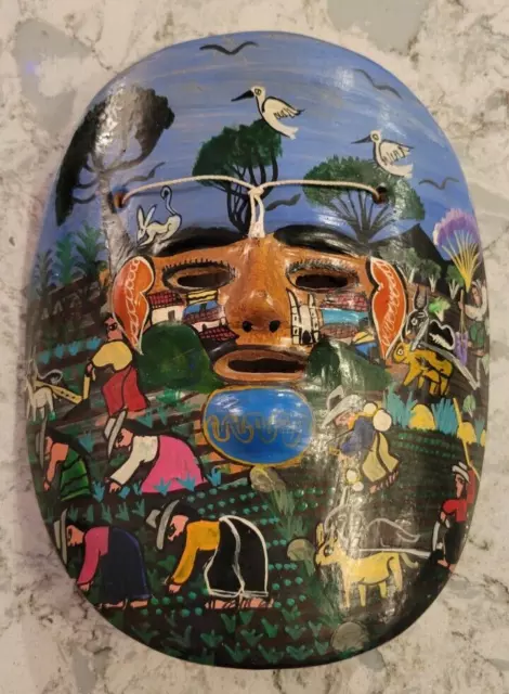 Mexico Aztec Mayan Maize Terra Cotta Clay Mask Wall Decor Hand Painted 8" x 8"