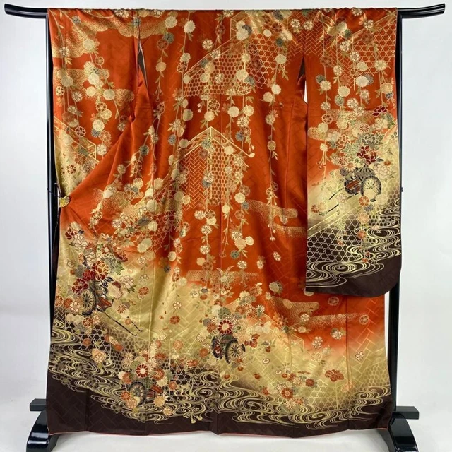Japanese Kimono Furisode Pure Silk Flower Carriage Running Water Vermilion Color