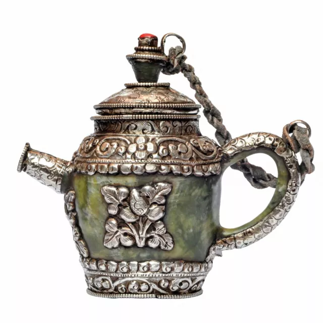 Old Tibetan Silver Jade Stone Tea Pot Kettle Water Metal Vessel Buddhist Nepal