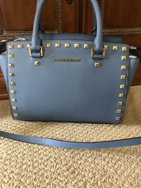 🆕MICHAEL KORS Selma Stud Leather Top Zip Medium Satchel Bag Cornflower Blue