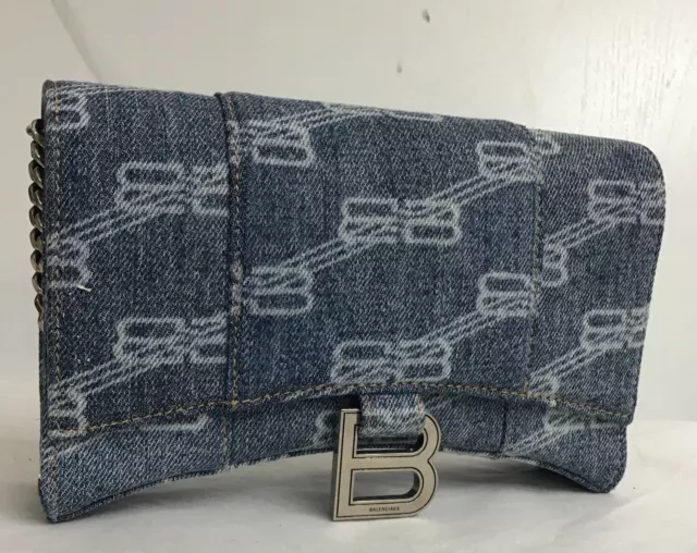 Balenciaga Logo Le Cagole Mini Bag With Chain Blue Denim Curved Bottom