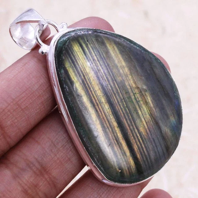 Delightful Firey Labradorite 925 Silver Plated Handmade Pendant 2" Ethnic Gift