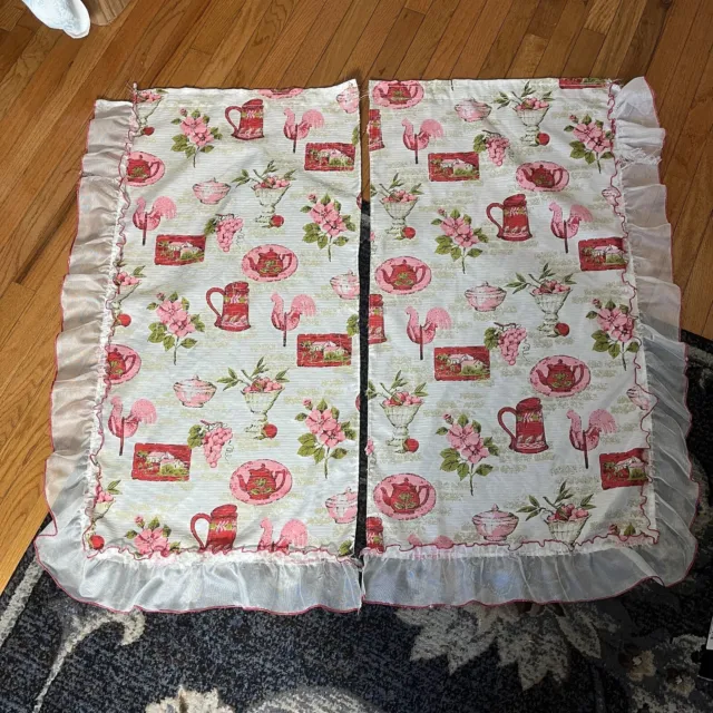 Vintage Mid Century Pair/Set of Kitchen Curtains Pink Red Green Print 23.5x43.5