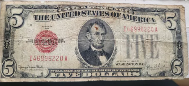 SERIES OF 1928-----1928H $5.00 DOLLAR LEGAL TENDER RED SEAL. Circulated cond.