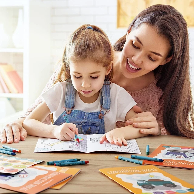 12 Mini Malbücher für Kinder DIN A5 Baustelle +Sticker & 48 Buntstifte Mitgebsel 2