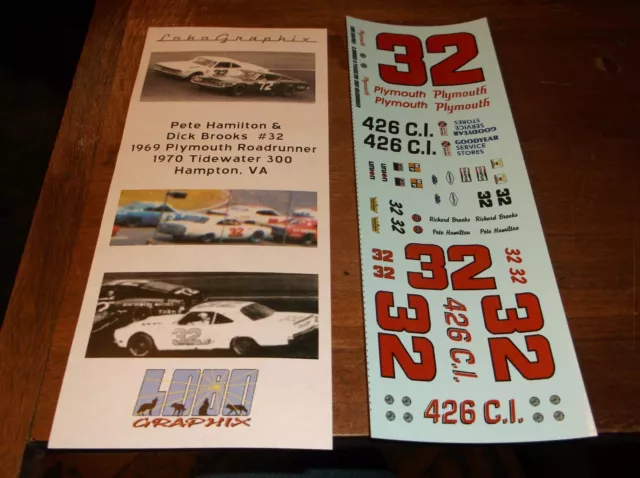 Hamilton/Brooks #32 1969 Plymouth Roadrunner 1/24th scale decals LoboGraphix