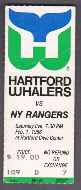 Feb. 1, 1986 Hartford Whalers vs. New York Rangers Ticket Stub