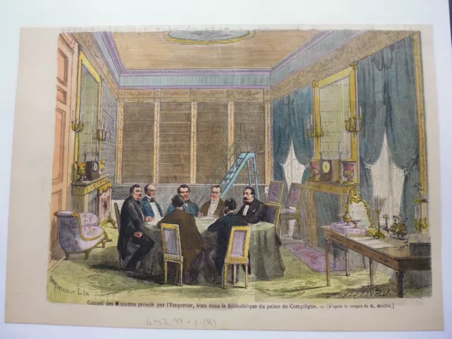 Gravure couleur 19°:conseil des ministres par l'Empereur au palais de Compiègne