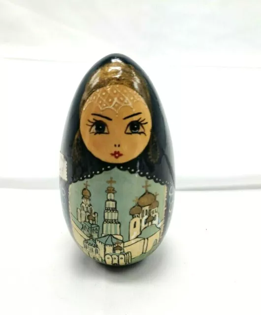 Vintage Russian Wooden Easter Egg Hand Painted Signed Lacquer
