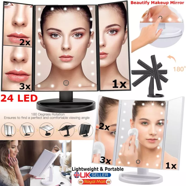 24 LED MAKE-UP FOLDABLE VANITY MIRROR Tabletop Light Up Cosmetic Touch Screen UK