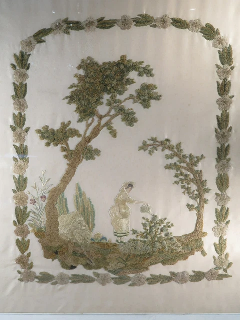 ANCIENNE BELLE BRODERIE SOIERIE JEUNE FEMME PAYSAGE DE STYLE LOUIS XVI XIX ème