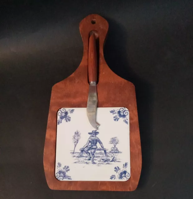 Vintage Wood Charcuterie Cheese Board Paddle w/ Delft Blue Tile ~Dutch Musketeer