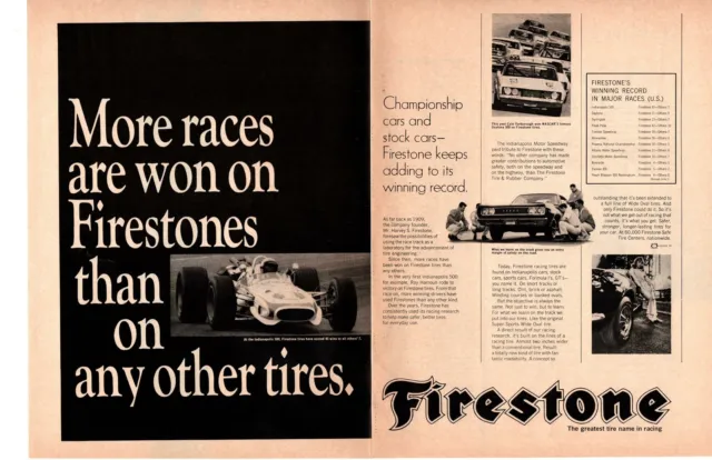 1968 Firestone Tires Indy 500 Cale Yarborough NASCAR Daytona 500 2-Page Print Ad