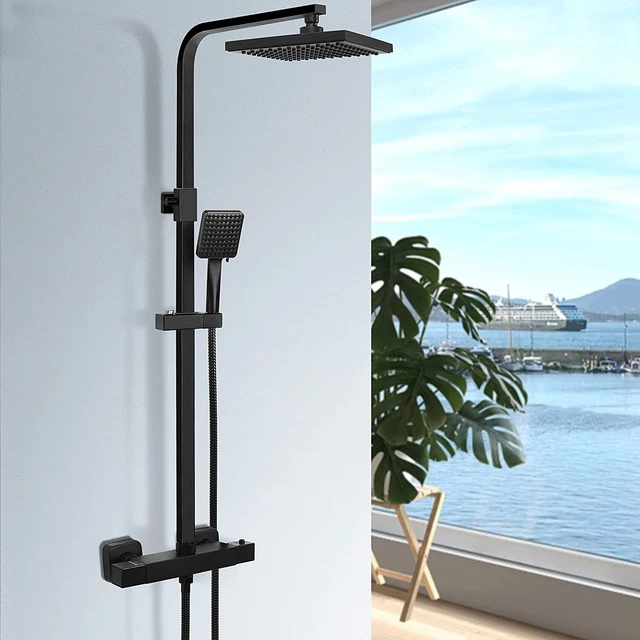 Modernes quadratisches mattschwarz freiliegendes Thermostatmixer Duschset mit Duschkopf