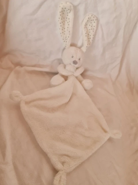 DOUDOU Peluche Avec mouchoir LAPIN BLANC ETOILES ARGENT VERTBAUDET état neuf