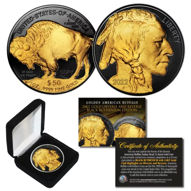 2022 BLACK RUTHENIUM $50 AMERICAN GOLD BUFFALO Indian Tribute Coin Gold w/ Box