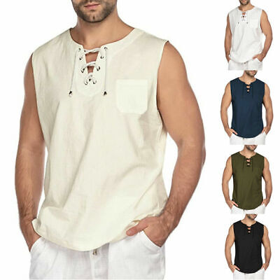 Mens Cotton Linen Sleeveless T-shirt Lace Up Neckline Vest Tank Top Tee Shirt