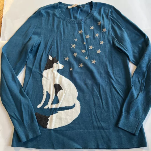 Ann Taylor LOFT Sweater Women S Teal Blue Wolf Husky Dog Stars Crew Pull Over