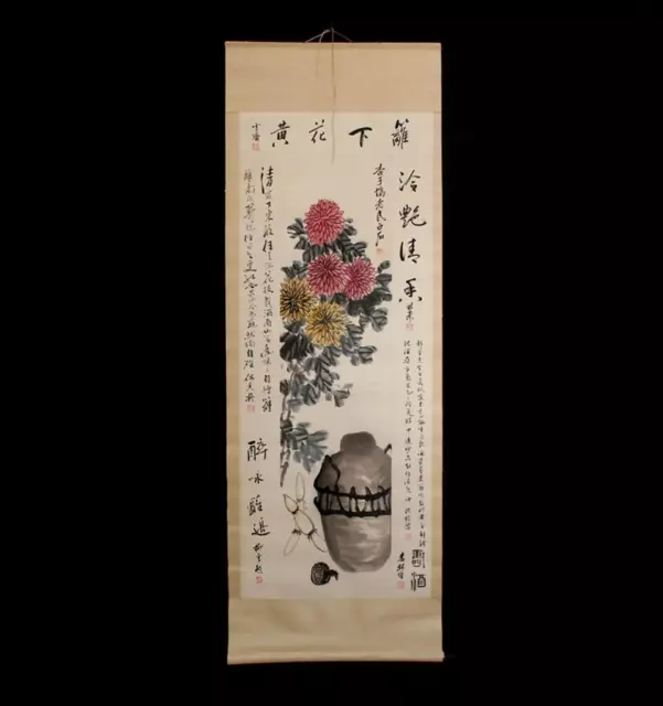 Qi Baishi Signed Fine Old Chinese Hand Painted Scroll w/mum