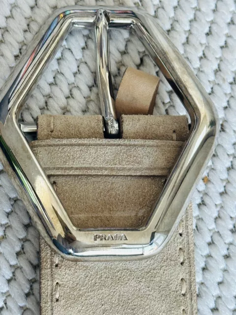 Prada Beige Suede Belt with Large Silver Buckle With Logo Sz 34 Never Been Worn