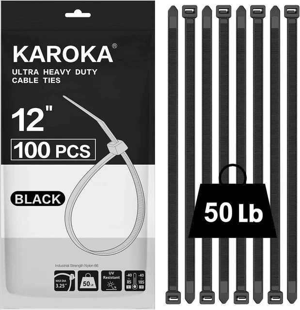 Zip Ties 12 inch 100 Pack Black 50 lb UV Resistant Cable Ties for indoor outdoor