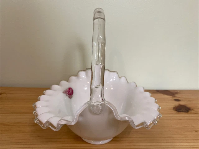 Vintage Fenton Silver Crest Milk Glass Basket Fused Handle Ruffled Edges 7 Inch