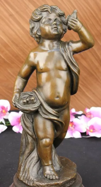 Puti Cherub Angel Boy with Bird Marble Base Figure Sculpture Statue Bronze Decor