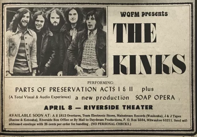 1975 THE KINKS Early Concert Promo Ad Newsprint 8”x5” Milwaukee Riverside BUG 27