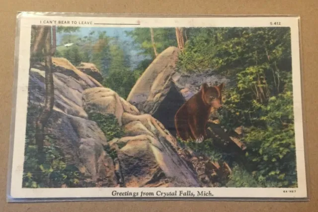 Vintage Penny Linen Postcard Unused Greetings From Crystal Falls, Mich.