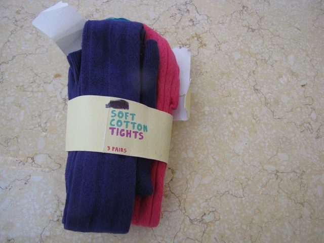 Marks And Spencer Girls Soft Cotton Tights Pink Mix(1Pink,1Dk Turq,1Mauve)Age Ne