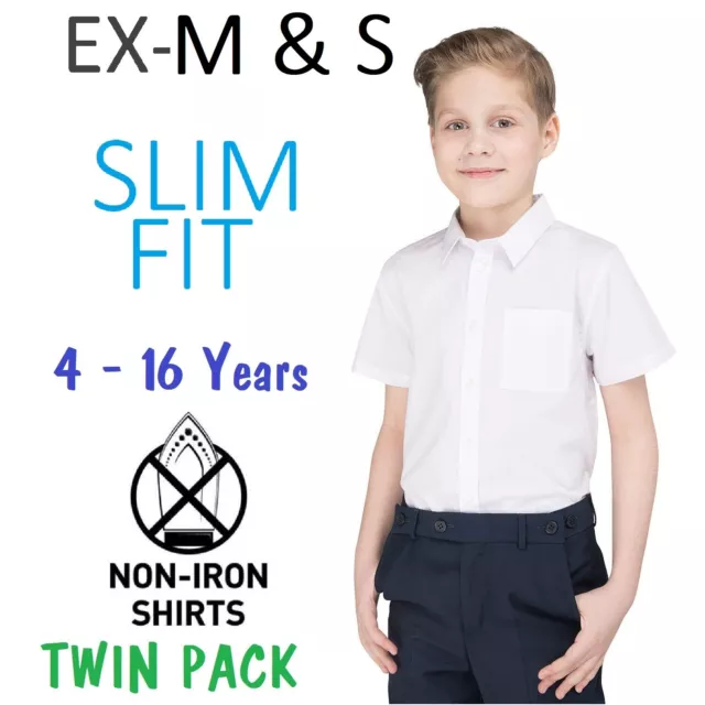 Ex M&S Boys Slim Fit School Shirt (PACK OF 2) White Short Sleeve Ages 3-16