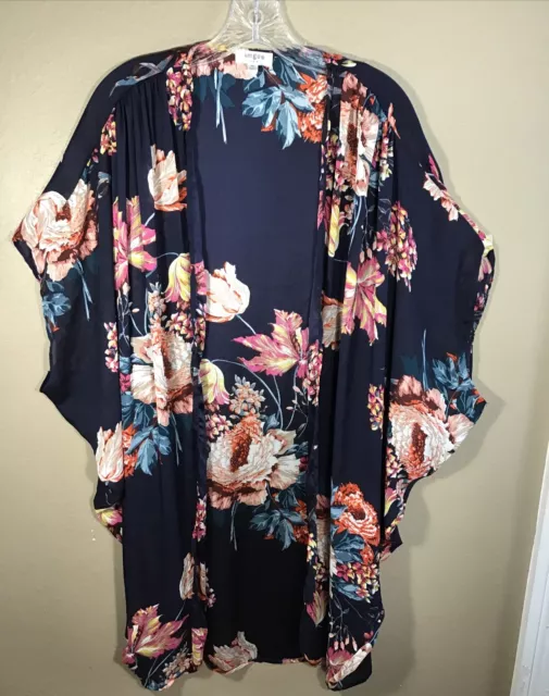 UMGEE USA Boutique Womens M/L BoHo Navy Blue Floral Kimono Cardigan 9-24