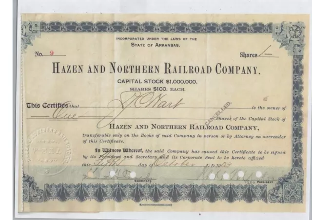 Hazen And Northern Railroad Company....1903 Common Stock Certificate #9
