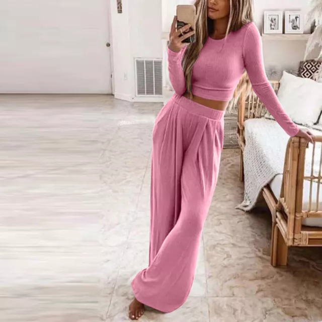 Ladies Loungewear Suit Tracksuit Outfits 2pcs Womens Coord Crop Top Bottoms Set