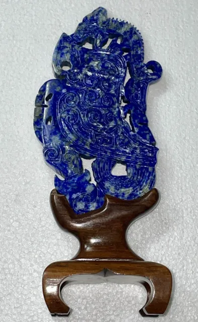 Vintage Finely Carved Chinese Lapis Lazuli Iguana on Bird with Wood Stand