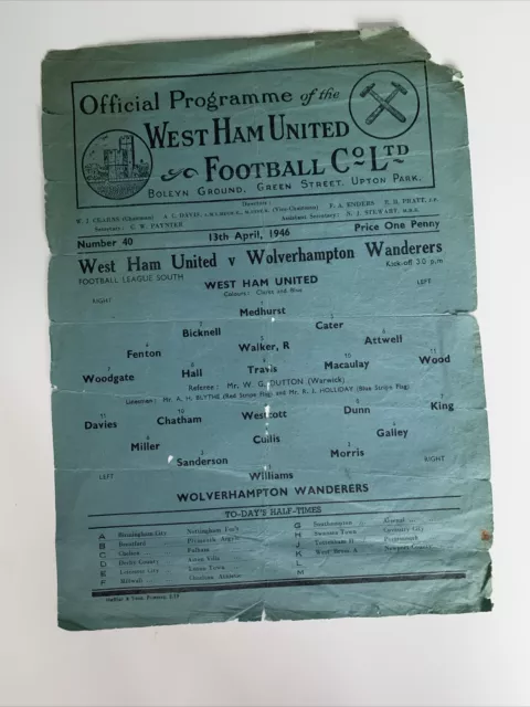 West Ham United v Wolverhampton Wanderers 1945-46 Football League South 13/4/46