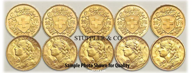 Lot of 10 Pre-1933 Swiss HELVETIA 20 Franc Gold Coins BU Brilliant Uncirculated