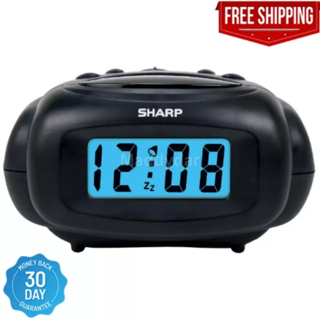 Sharp LCD Digital Alarm Clock, Black, SPC500A Easy to See Blue LCD Display